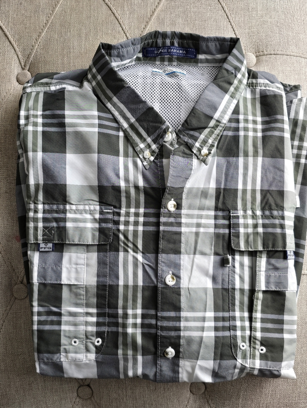 Columbia PFG Super Bahama Olive, Gray & White Plaid Button-Down Fishing Shirt 2x